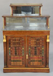 English Regency rosewood cabinet with etagere two shelf top, 
mirror back and gilt mounts and supports, on grey marble top over two ...