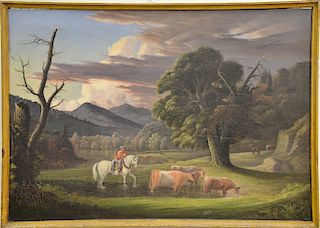 Attributed to Alvan Fisher, 
oil on board, 
"Watering the Cattle", 
unsigned, 
label on verso: Vose Galleries, 
29 1/4" x 41 3/4" 

...