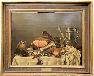 Studio of Pieter Claesz (1597-1660), 
oil on panel, 
Nature Morte Aux Pieces D'Orfevrerie, Pot Moutarde et Jambon, 
still life, 
uns...