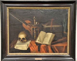 School of Harmen Van Steenwyck (1612 - 1660), 
oil on canvas, 
Vanitas Still Life, 
17th century, 
unsigned, 
plaque reads: Harmen V...