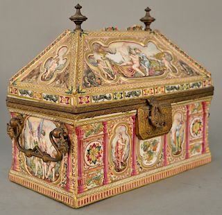 Large capodimonte valuables chest with domed angled lift-top, 
painted panels with raised classical figures, bronze finials, handles...