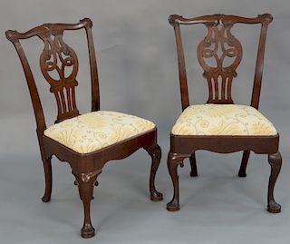 Pair of George II mahogany side chairs, 
on cabriole legs with pad feet, 18th century. 
seat height 18 1/4 inches, total height 37 1...