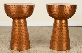 PAIR HAMMERED COPPER DRUM FORM END TABLES
