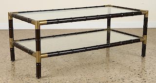 2 TIERED BRASS WOOD GLASS COFFEE TABLE 1960