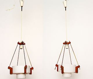 PAIR BRASS WOOD PENDANT LIGHTS FROSTED GLASS 1960