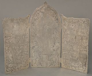 Tiffany & Co. Makers sterling silver folding triptych screen, depicting kings, queens, lions, crests, and pomegranates, having Chri...