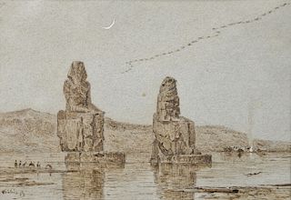 Narcisse Berchere (1819-1891), pen and brown ink on paper, Orientalist Study for the Painting "Colossus of Memnon and the Plain of...