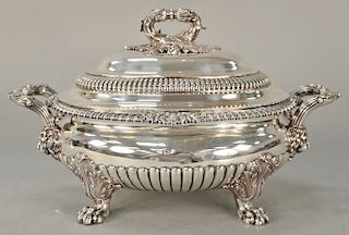 Paul Storr (1771-1844) silver soup tureen with cover,  having leaf and scroll cover handle, shells and scrolled supported by lion...