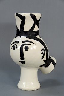 Pablo Picasso (1881-1973), Chouette Femme, Woman Owl figural vessel/pitcher painted with a woman's face and hair, semi matte groun...