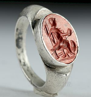 Roman Silver & Jasper Intaglio Ring - 6.4 g
