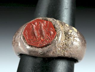 Roman Iron and Jasper Intaglio Ring with Birds