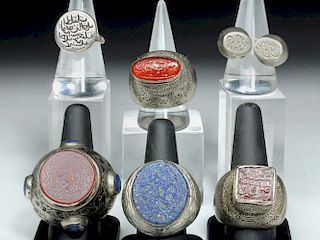 18th C. Central Asian Silver & Glass Seal Rings (6)