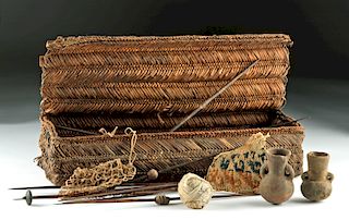 Large Chancay Textile Weaver's Basket & Tools