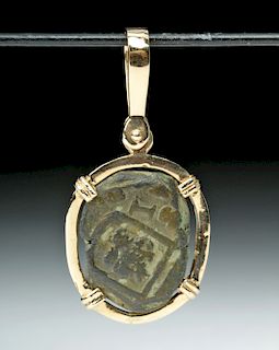 17th C. Spanish Charles II Silver Coin 14K Gold Pendant