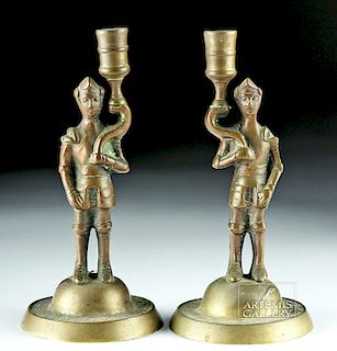 Early 20th C. European Brass Candlesticks with Knights
