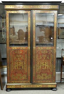 Boulle cabinet with two doors,  each with glass top with four shelf interior, set on round suppressed ball feet