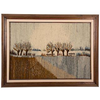 Tapiz. Polonia. Siglo XX. Paisaje invernal. Bordado en lana. Enmarcado en madera tallada.