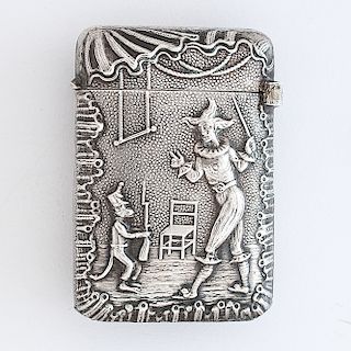 French Silver Match Safe with Clown and Monkey
