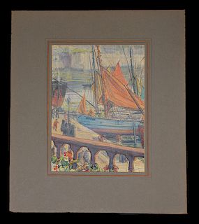 Crawford, Earl Stetson,  American 1877-1965,(Sardine Boat in Port probably Brittany Viewed from Floral Balcony), 