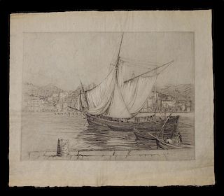 Crawford, Earl Stetson,  American 1877-1965,"Le Navicello Mreatasos Todes()" etching in the manner of Whistler and related schools,titled verso, 
