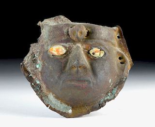 Moche Copper Mask with Inlaid Shell Eyes & Owl
