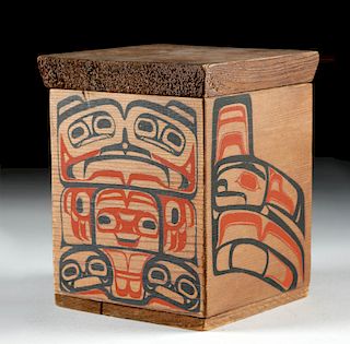 20th C. Tlingit / Haida Painted Wood Box, Totemic Faces
