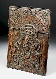 19th C. Greek Carved Wood Icon - Mary & Jesus