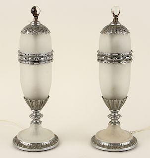 PAIR FRENCH ART DECO FROSTED GLASS TABLE LAMPS