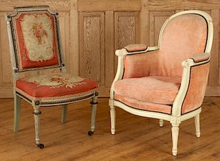 FRENCH BERGERE CHAIR WITH FRENCH AUBUSSON CHAIR