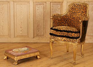 GILT WOOD LOUIS XVI STYLE BERGERE CHAIR AND STOOL