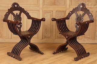 PAIR CARVED SYRIAN ARM CHAIRS SAVONROLLA STYLE