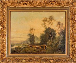 Julius Jacobus Bakhuijzen Van De Sande (1835-1925) Landscape with Figure and Cattle, Oil on canvas,