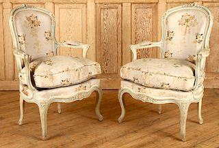 PAIR FRENCH LOUIS XV STYLE UPHOLSTERED FAUTEUILS