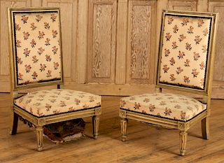 PAIR LOUIS XVI STYLE UPHOLSTERED LOW CHAIRS 1940