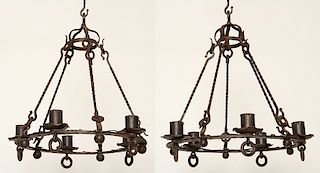PAIR OF FRENCH 5-LIGHT WROUGHT IRON CHANDELIERS