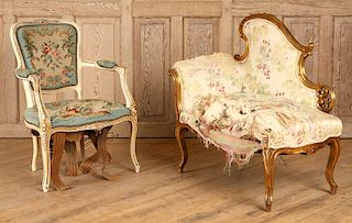 UPHOLSTERED GILT WOOD SETTEE AND FAUTEUIL