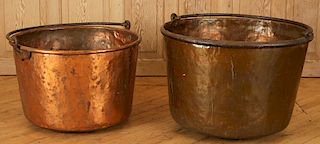 TWO LARGE COPPER POTS WITH WROUGHT IRON HANDLES