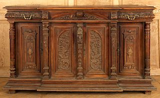 LATE 19TH C WALNUT SIDEBOARD CARVED DRAWERS DOORS