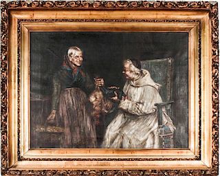 Italian School (19th Century) Interior Scene with Bishop and Peasant Woman, Oil on canvas,