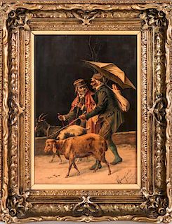 Almerico Gargiulo (1843-1912) Figures with Goats, Marquetry panel,
