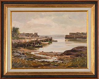 Wayne Beam Morrell (b. 1923) Harbor Scene, Oil on masonite,