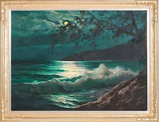 Frank Ferruzza (1912-1984) Moonlit Santa Barbara Coastal Scene, Oil on canvas,