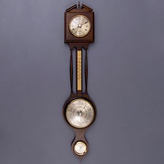 Barómetro. Alemania. SXX. Marca Orka. Aneroide. Cuenta con reloj, termómetro e higrómetro. Elaborado en madera, cristal y metal dorado.