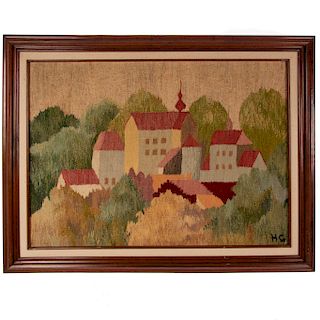 Tapiz. Castillo. Polonia. Siglo XX. Bordado en lana. Enmarcado en madera tallada.
