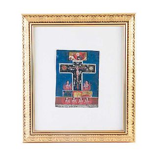 Cruz de ánimas México, principios del siglo XX. Óleo sobre lámina. Con leyenda en la predela. Enmarcado.