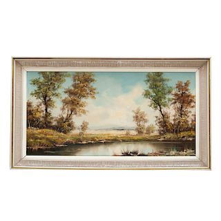 Vista de paisaje con lago. Siglo XX. Óleo sobre tela. Firmado "W. Eder." Enmarcado.
