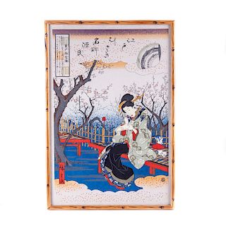 LOTE SIN RESERVA.  Mujer oriental pintando. Japón, siglo XX. Serigrafía y xilografía sobre papel. Firmado. Enmarcado.
