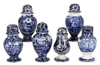 Six blue Staffordshire pepper pots