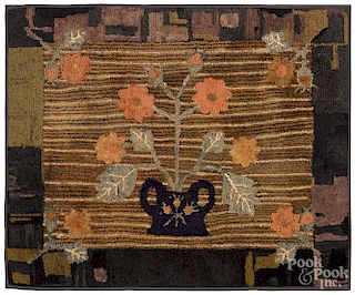 American hooked rug with basket of flowers