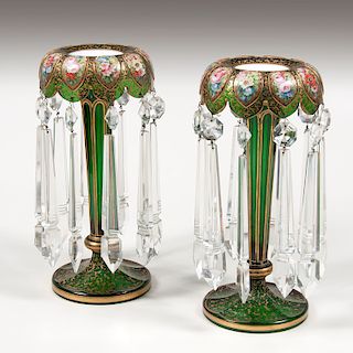 Pair Bohemian Green Glass Lusters
